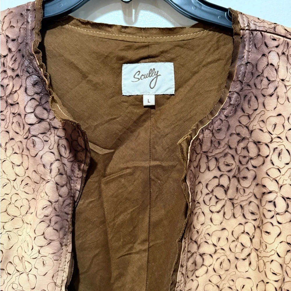 Scully Ladies Laser Cut Leather Coat Large L Tan Mid Length Fall Boho Luxury - Picture 3 of 11